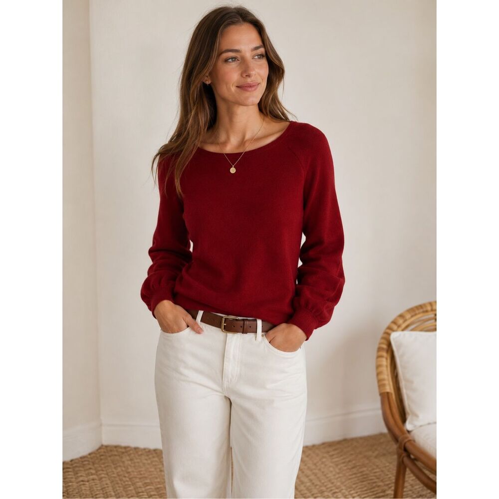 Hill House Home Burgundy Balloon Sleeve wool Knit Sweater | Classic Crewneck Pul